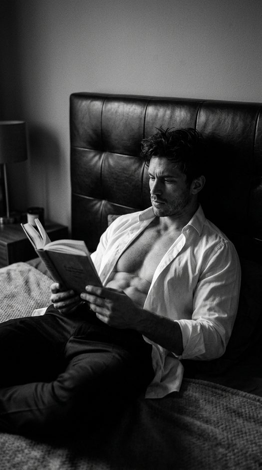 черно белая фотосессия мужчины с книгой на кровати