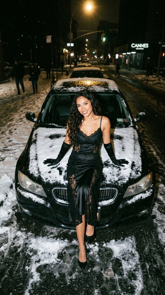 девушка на капоте bmv e90 ночью на снегу