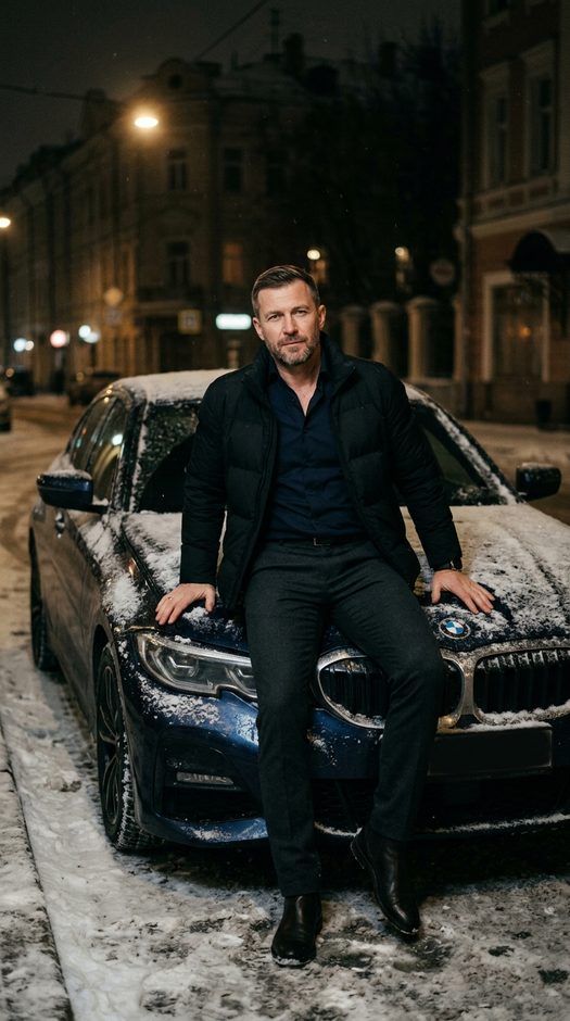 мужчина на bmw g20 ночью в снегу