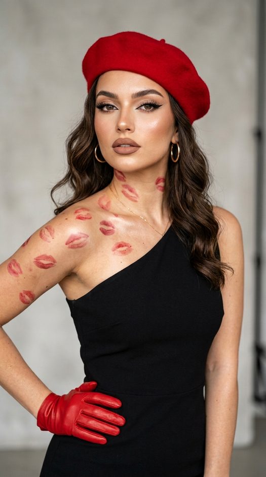 fashion портрет в берете с отпечатками поцелуев