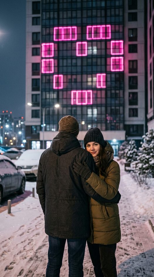 зимняя фотосессия пары с неоновым сердцем