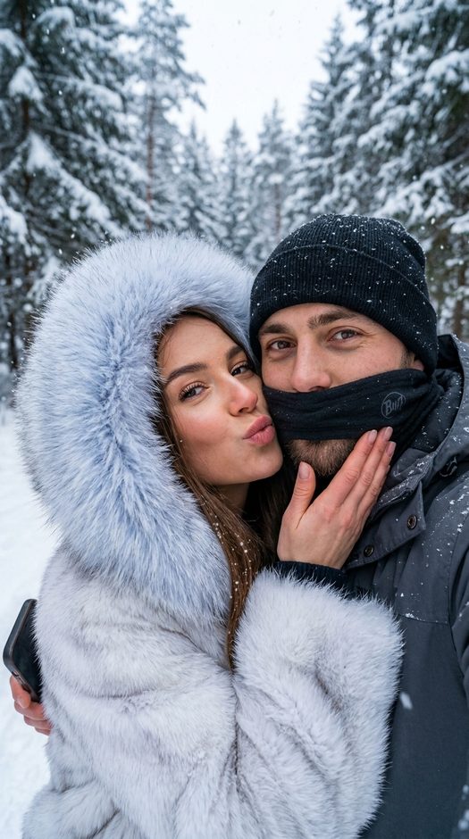 зимнее селфи пары в шубе в заснеженном лесу