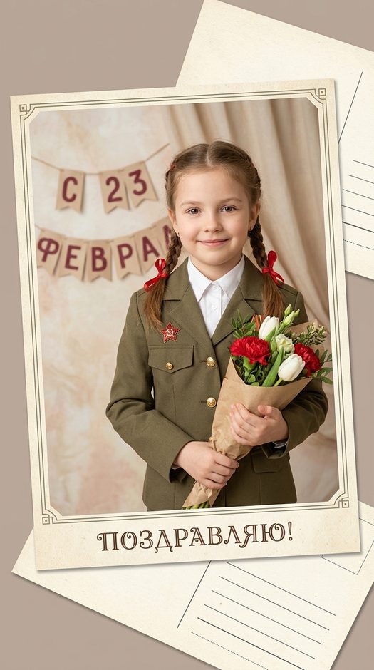 девочка с цветами в студии на 23 февраля