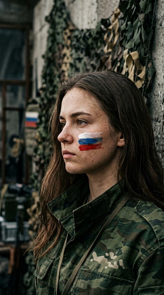 девушка в форме с флагом россии на щеке