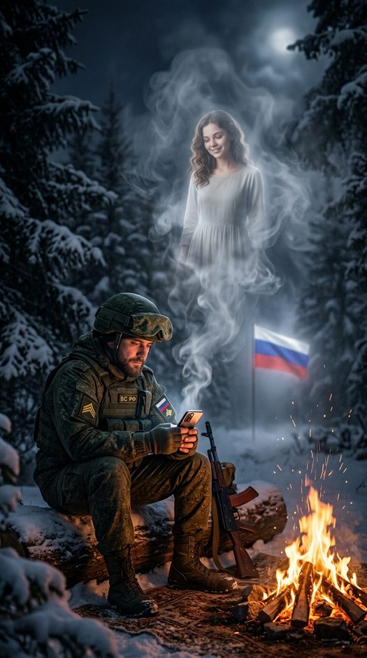 солдат у костра в заснеженном лесу