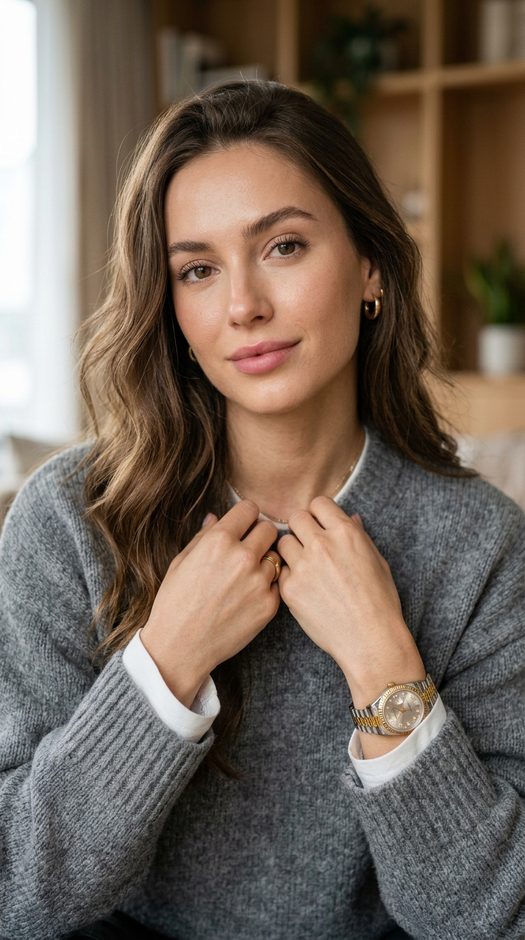 глянцевая fashion фотосессия в сером свитере