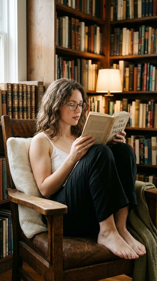 женщина в библиотеке с книгой в деревянном кресле