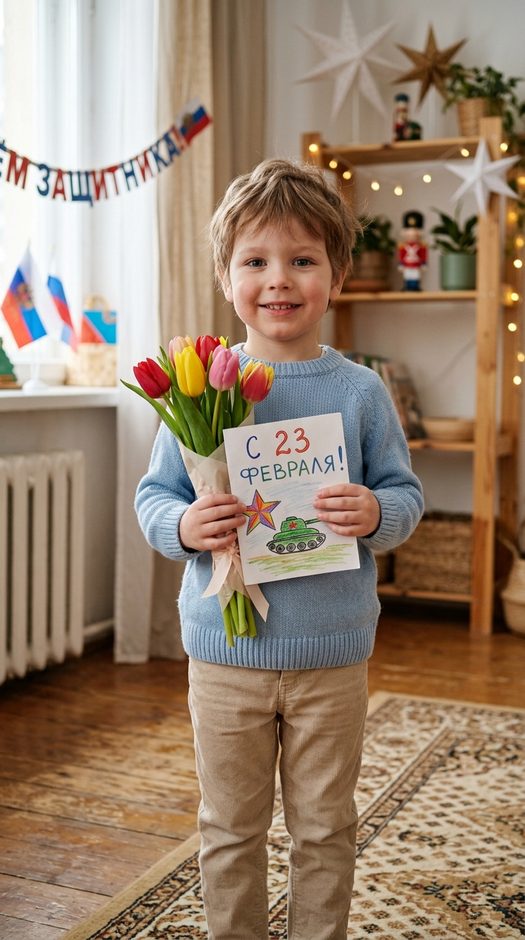 ребенок с тюльпанами на 23 февраля