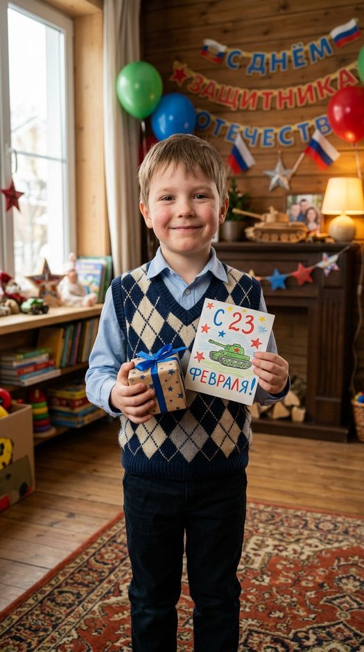 ребенок с подарком на 23 февраля
