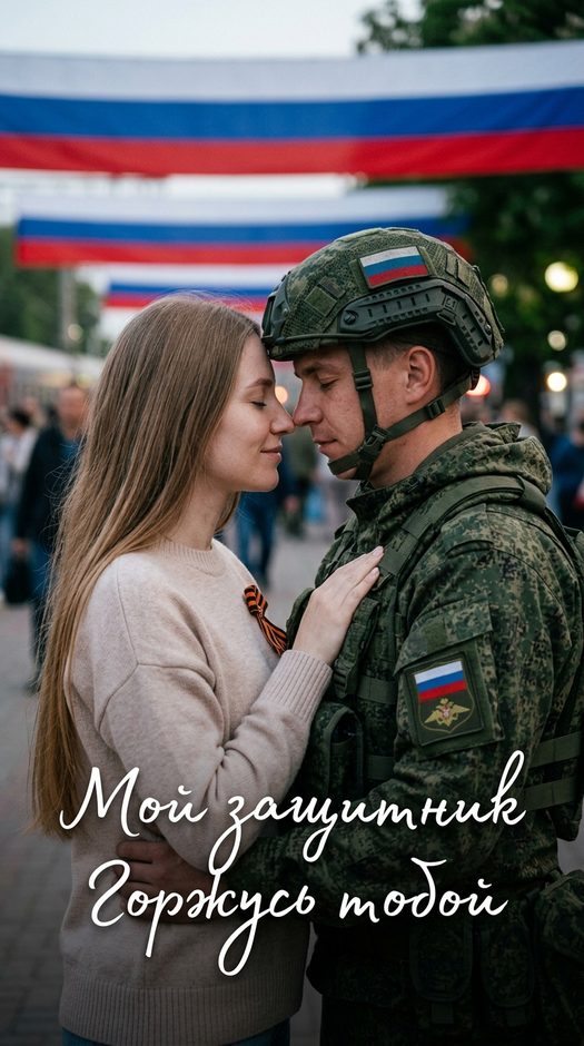 пара с военным и флагом рф