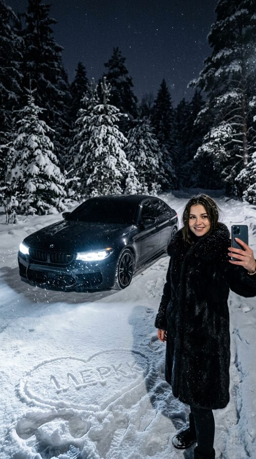 девушка у bmw в ночном зимнем лесу