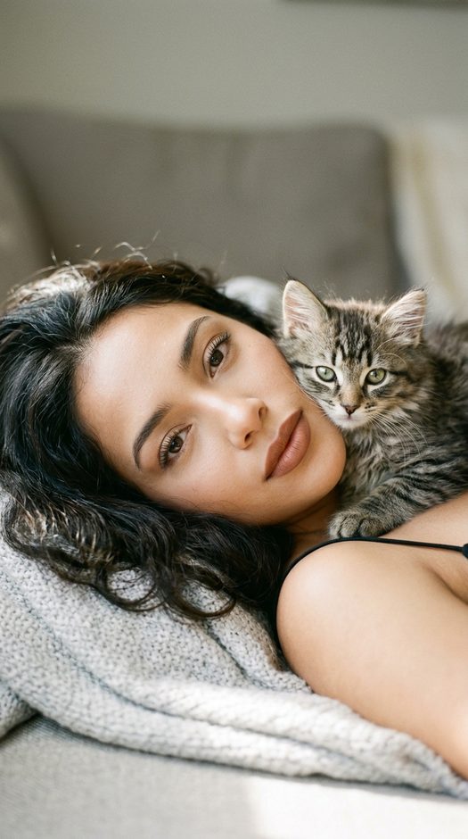 женщина с табби котенком на плече