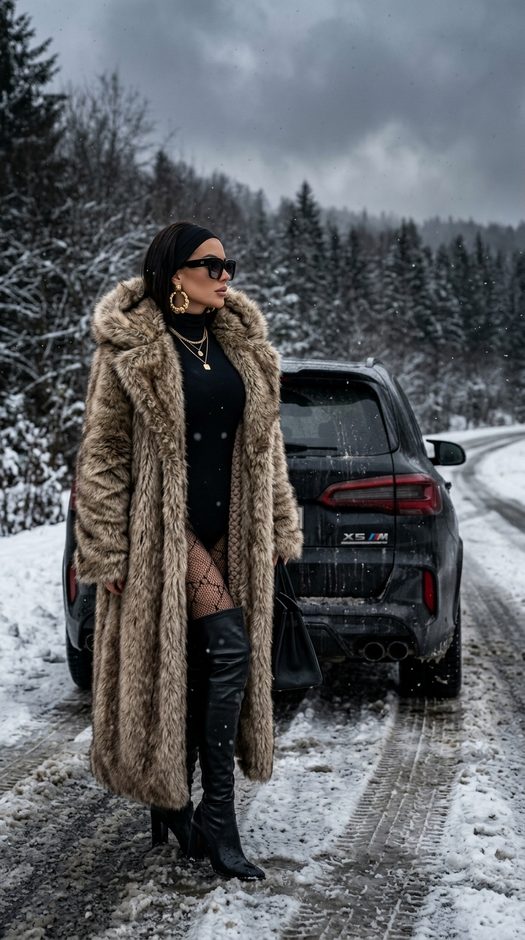 женщина в меховом пальто у bmw зимой