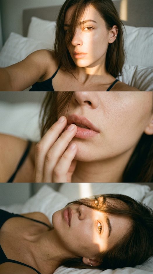 триптих фотосессия дома на кровати в golden hour