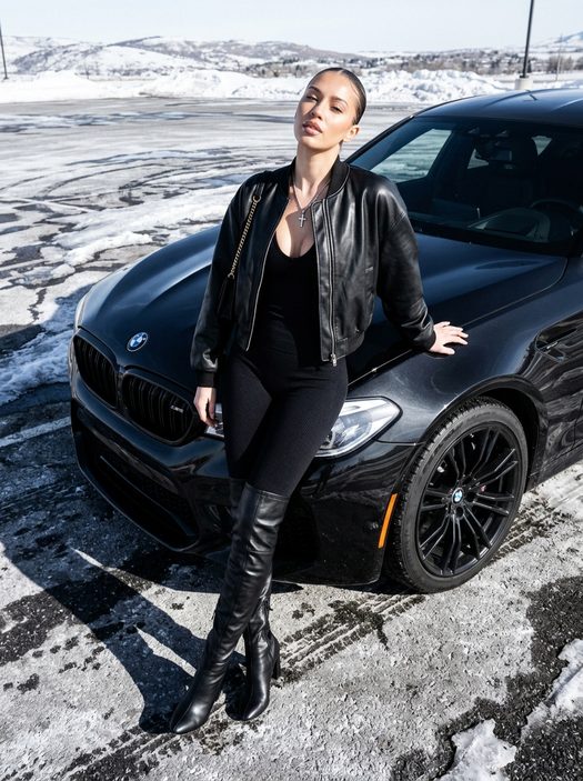 девушка у черного bmw зимой
