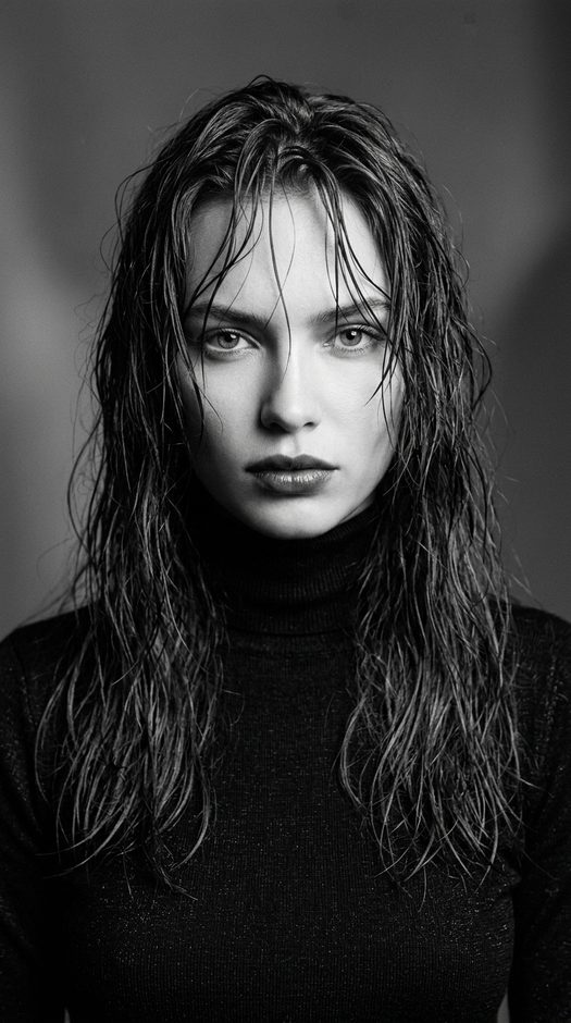 черно белая fashion фотосессия с мокрыми волосами