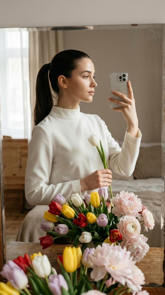 весеннее селфи в зеркале с тюльпанами