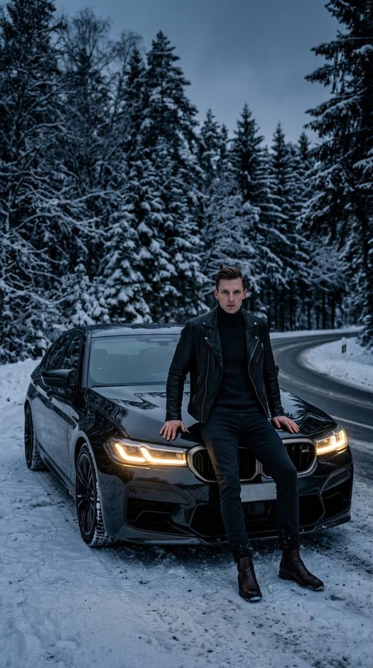 мужчина у черного bmw в зимнем лесу