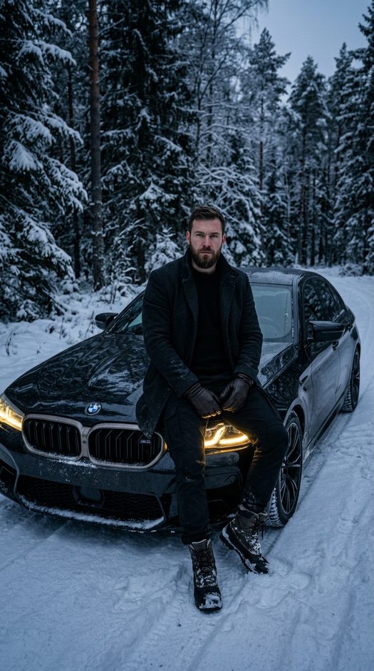 мужчина на капоте bmw в зимнем лесу