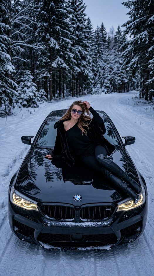 девушка на капоте bmw зимой в лесу