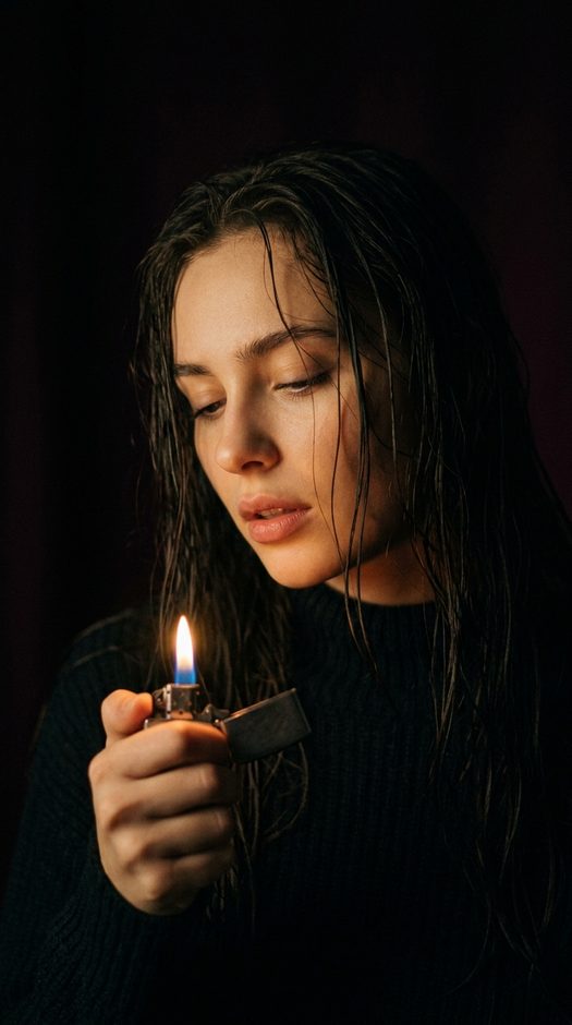 женщина с зажигалкой в темноте