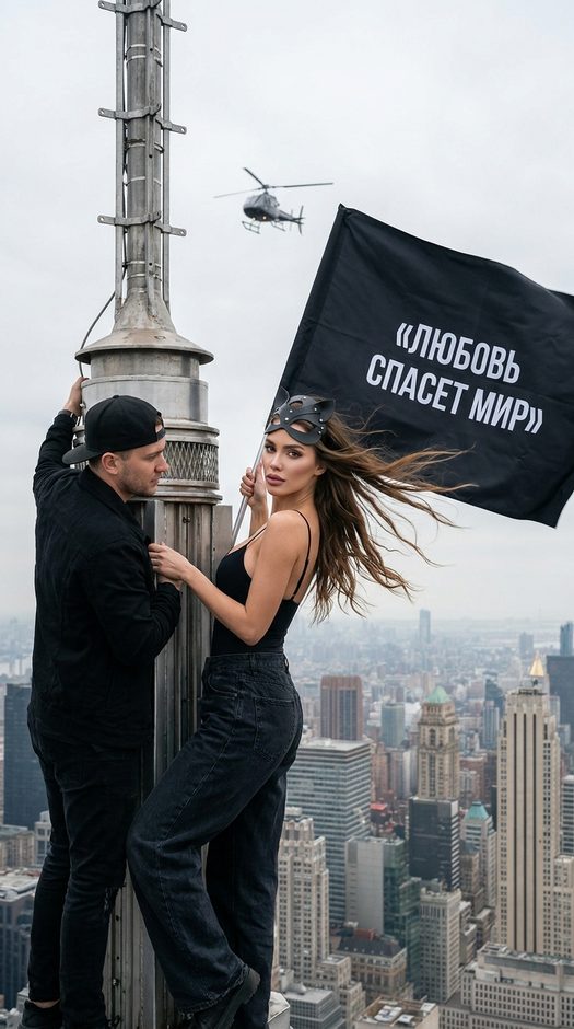пара на шпиле с черным флагом над манхэттеном