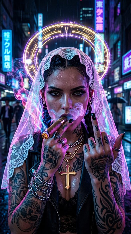 дерзкая фотосессия в вуали с неоновым нимбом