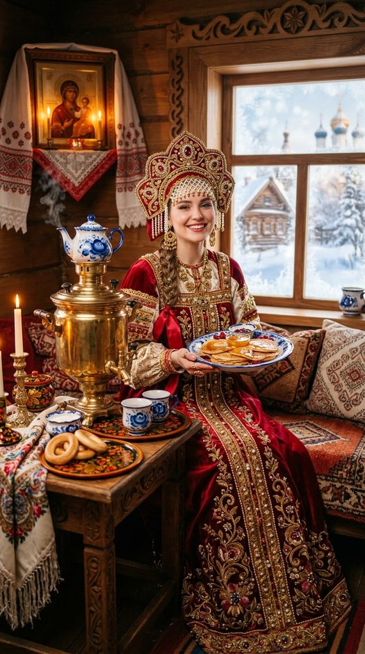 женщина на масленицу с блинами и самоваром