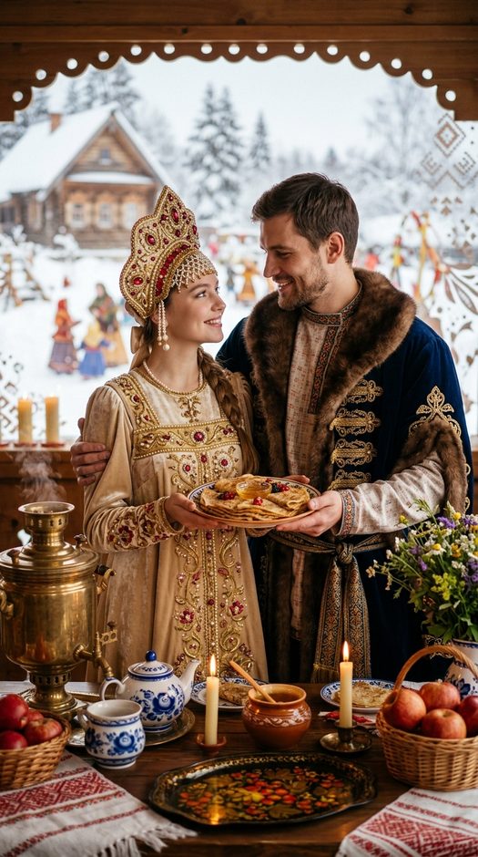 пара на масленицу с блинами у праздничного стола