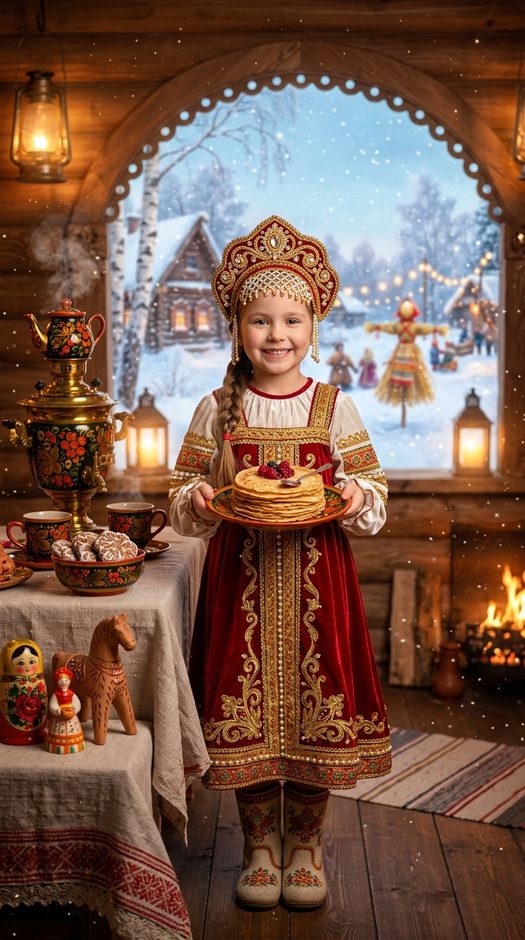 девочка на масленицу с блинами и пряниками