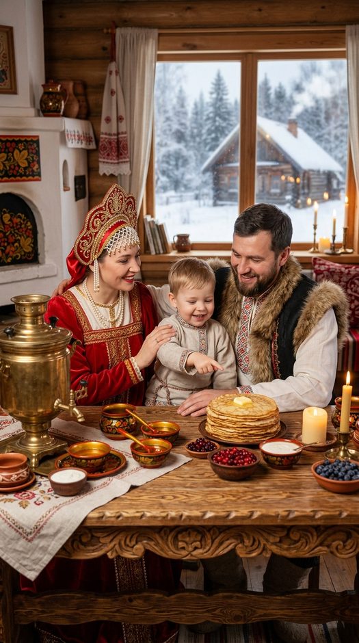 семья на масленицу с самоваром и блинами