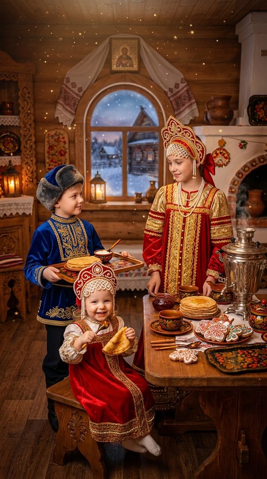 трое детей на масленицу с блинами и самоваром