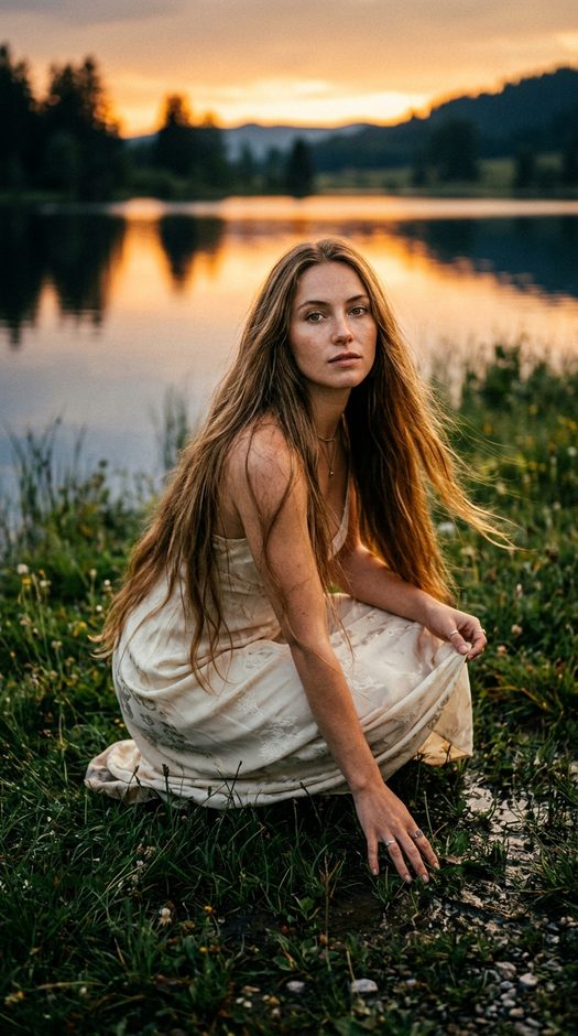 девушка у воды в винтажном платье на закате