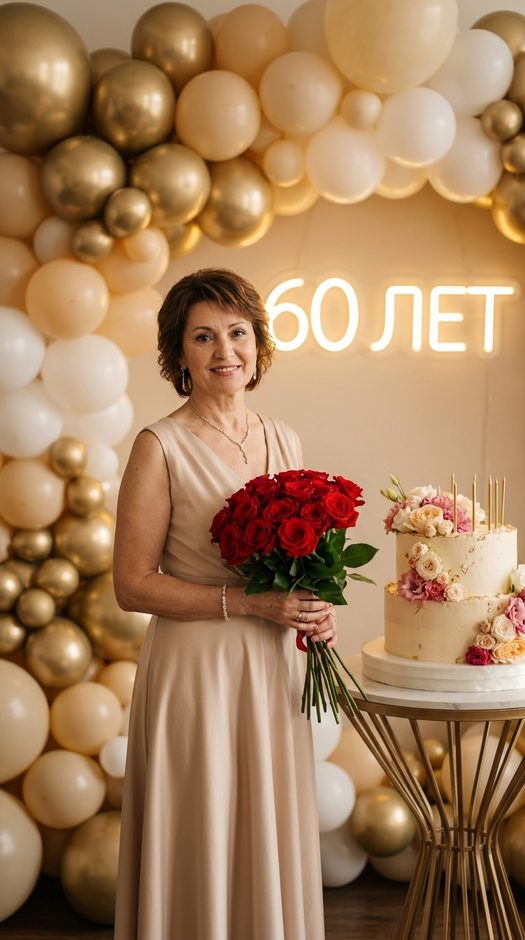 юбилейная фотосессия женщины с розами и тортом