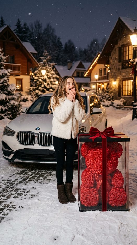 девушка с медведем из роз у белой bmw зимой