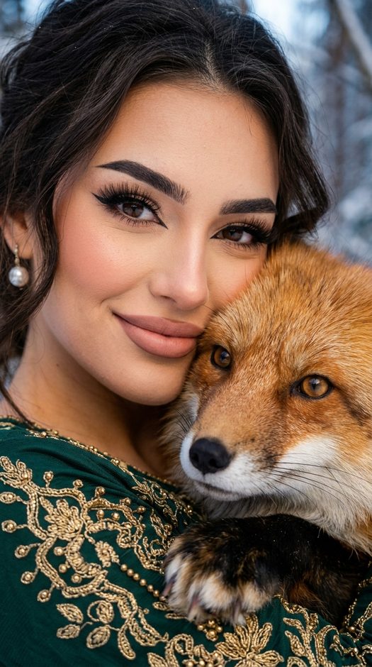 женщина с рыжей лисой в зимнем лесу