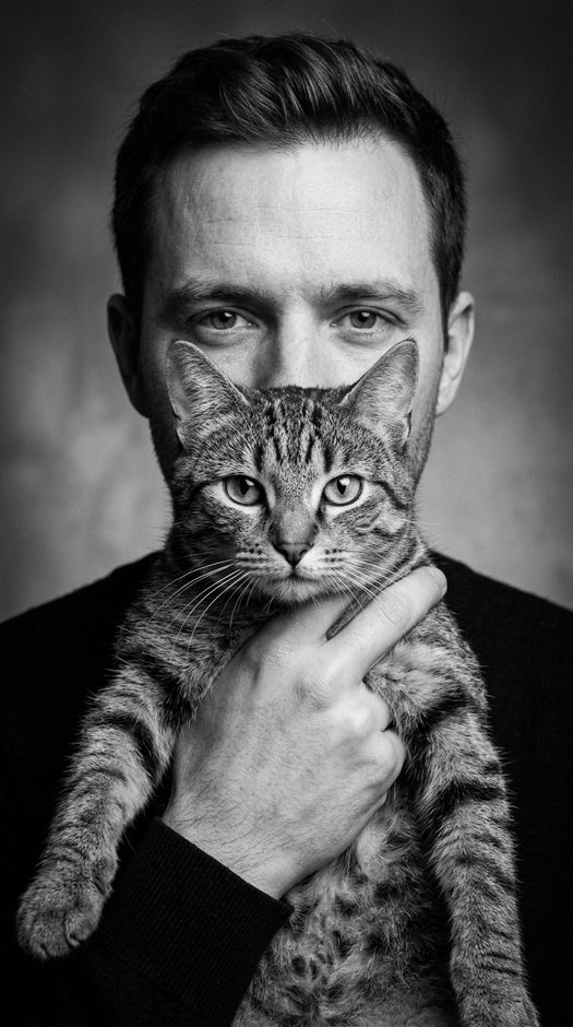 черно белая фотосессия с кошкой перед лицом