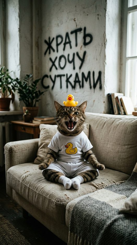 кот на диване с уткой и граффити