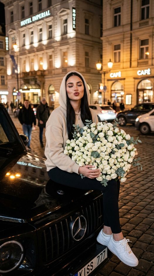 ночная фотосессия у черного автомобиля с розами