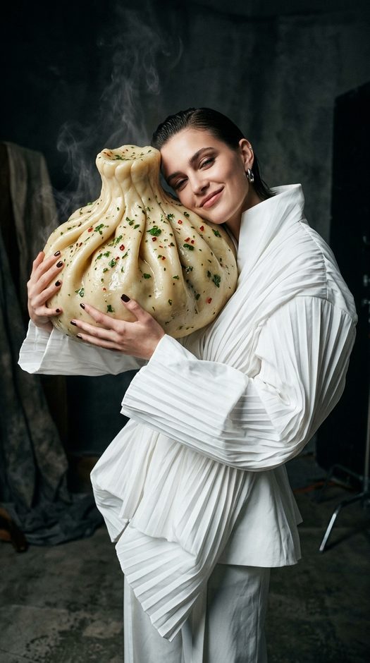 модель с гигантским хинкали в студийной fashion съемке
