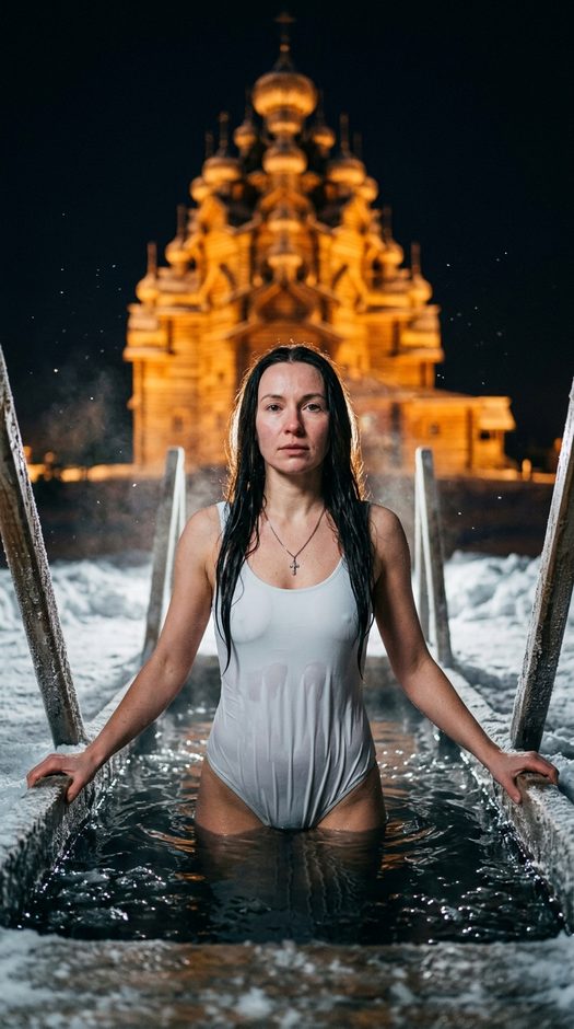 женщина в ледяной купели у православного храма