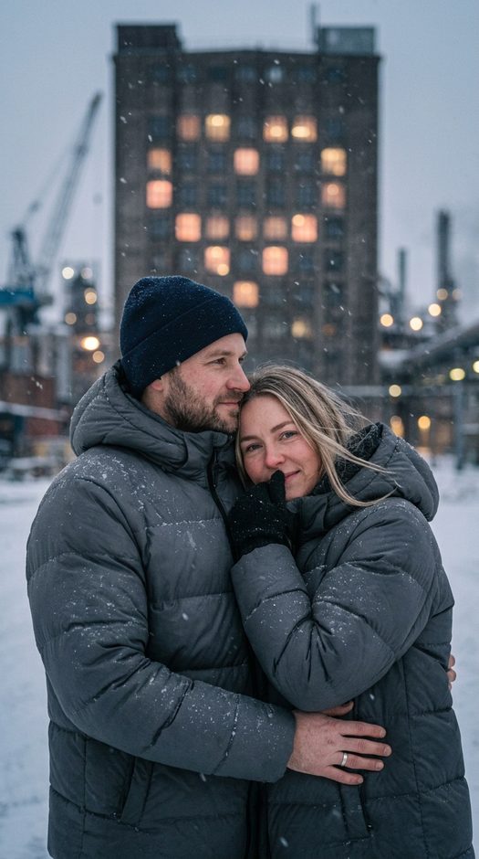 пара в снегу на фоне дома с огнями в форме сердца
