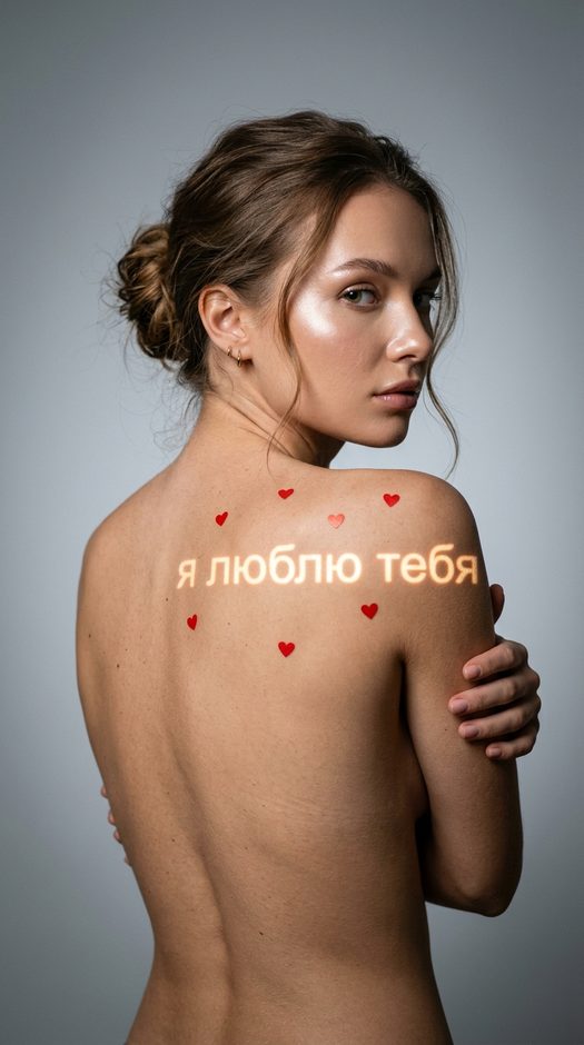 девушка со световой проекцией love you на спине
