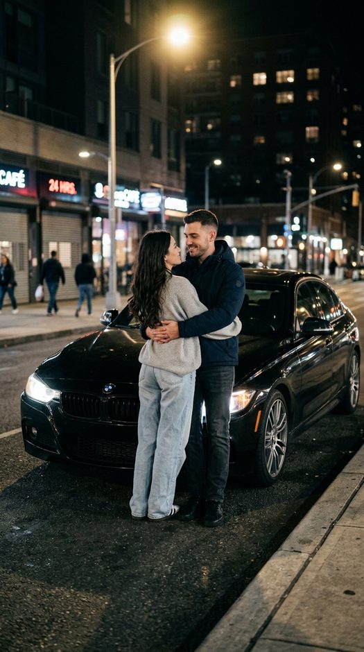 ночная фотосессия пары у черного bmw f30