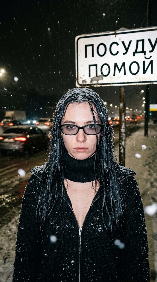 женщина у дорожной таблички зимой ночью