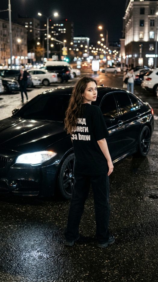 девушка у bmw на ночной парковке