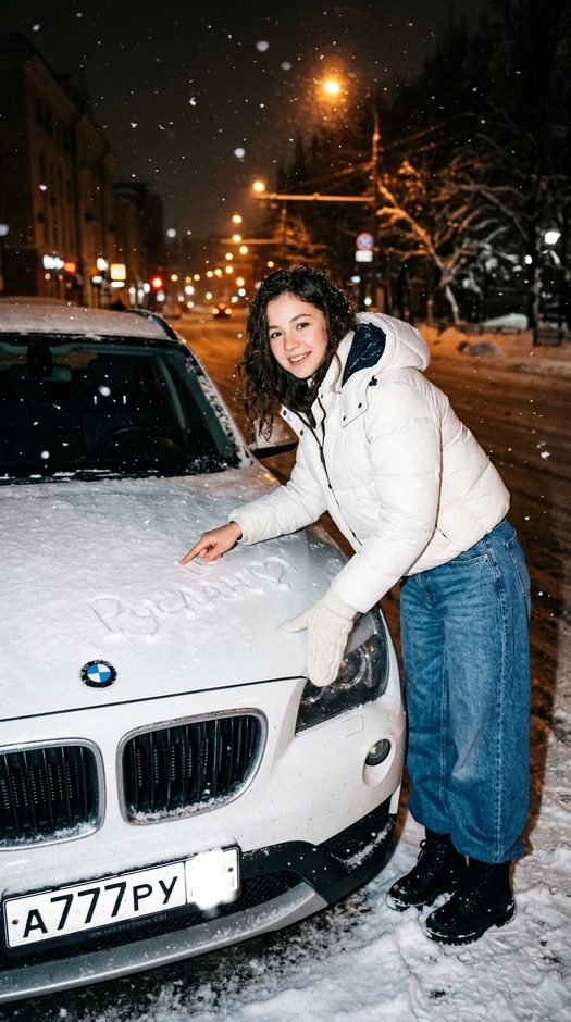 девушка пишет имя на снегу на капоте bmw x1