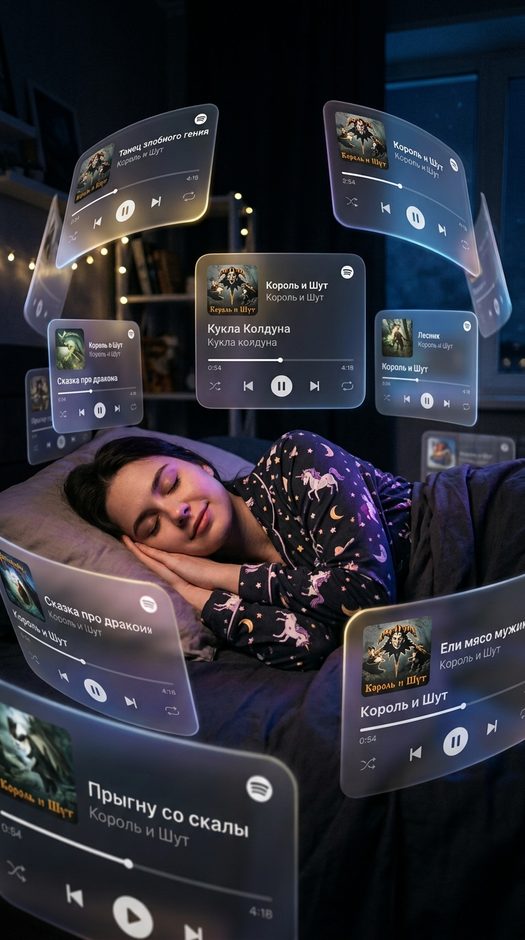 девушка в кровати с карточками spotify в темной комнате