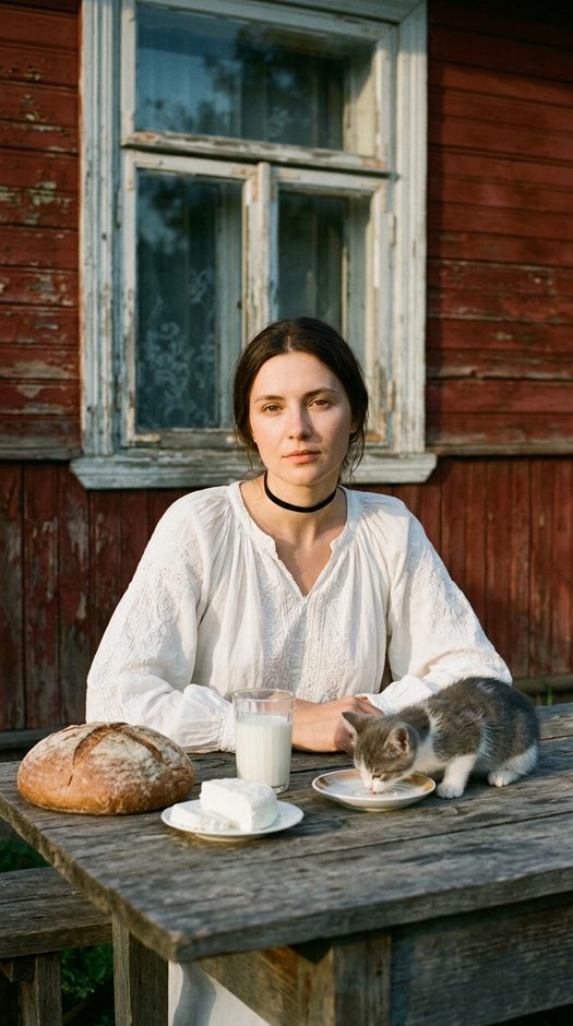 фотосессия у красного дома с котенком и молоком