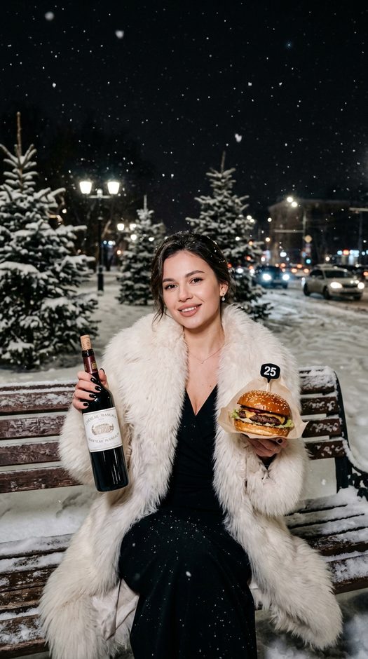 девушка на скамейке со снегом и бургером 25
